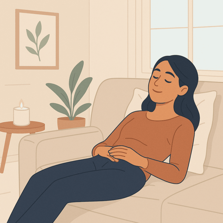 Illustration of a woman relaxing on a couch with a candle — self-care in your 30s