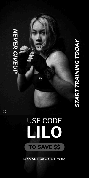 Black and white photo of woman in boxing gloves promoting discount code LILO