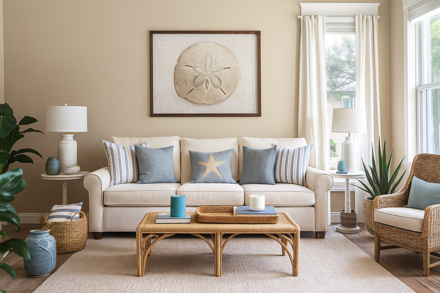Bright Florida living room with coastal decor and plants