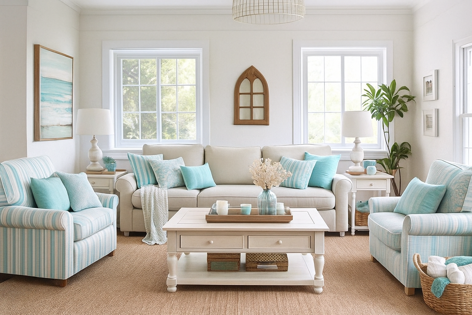 Coastal themed Florida living room with natural textures and blue accents