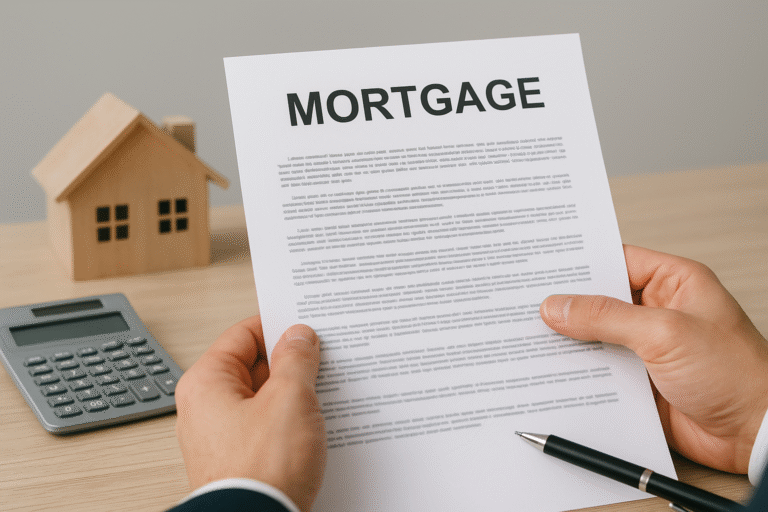 Person holding mortgage document with calculator