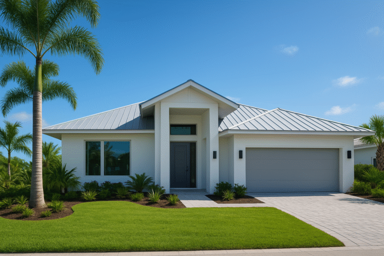 Modern house with tropical landscaping.
