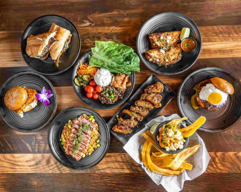 Variety of delicious dishes on plates