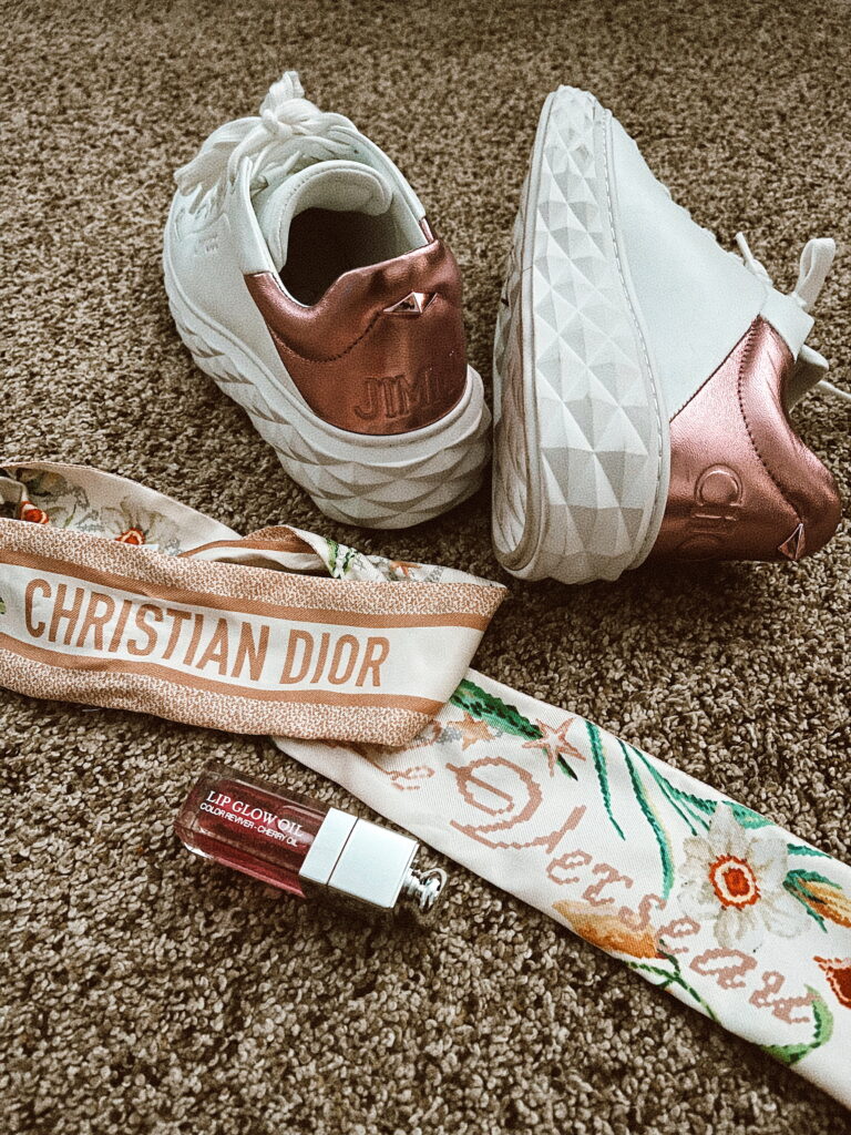 Sneakers, Dior headband, lip oil