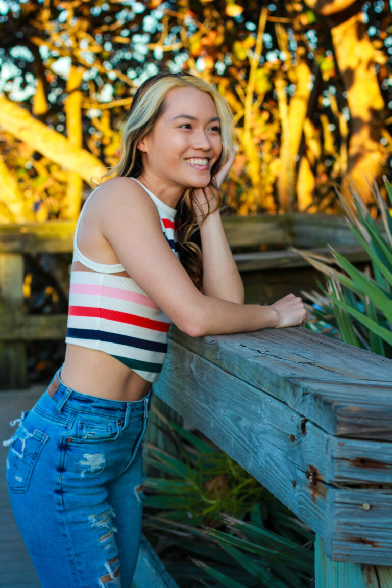 Woman in a red and white striped top
