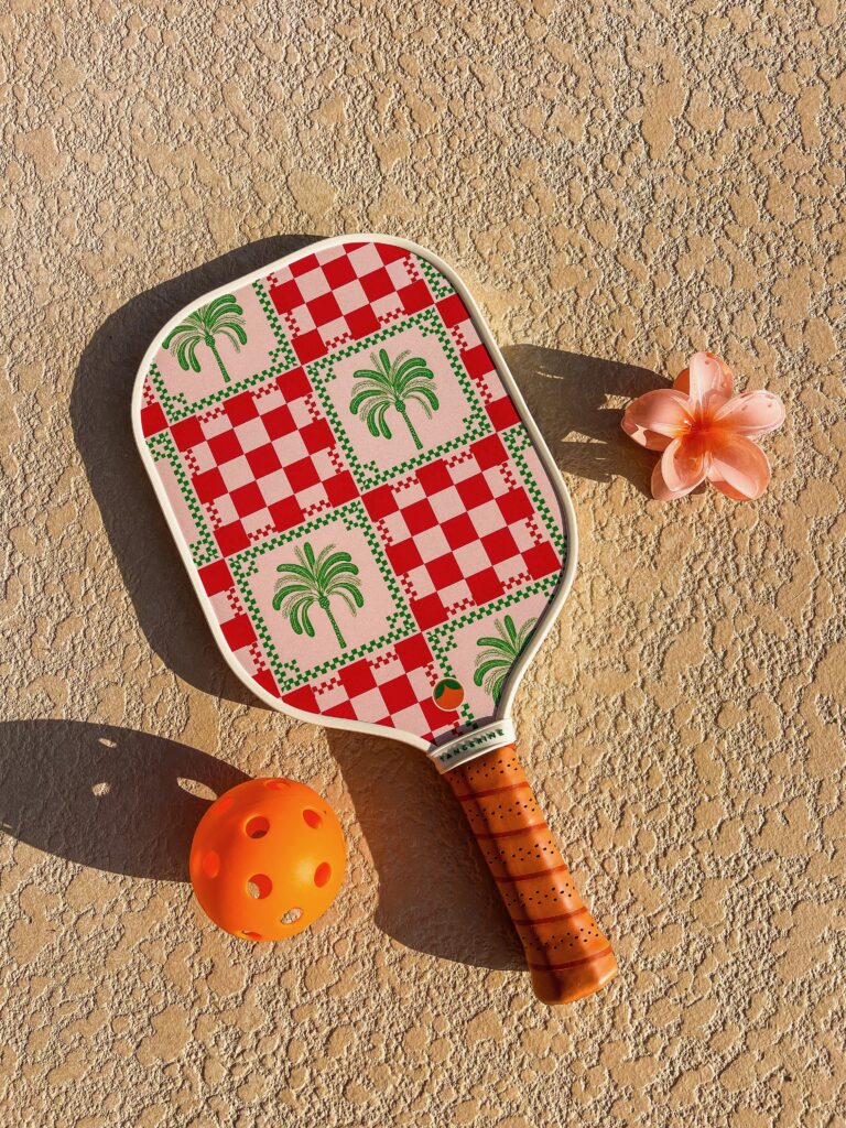 Palm-print pickleball paddle and balls