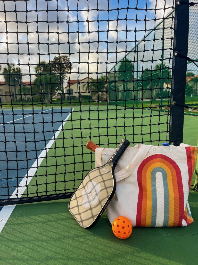 Pickleball paddle and bag resting against the net