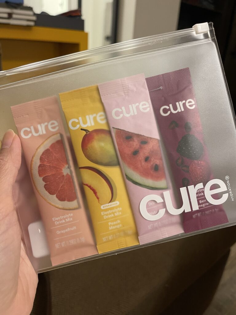 Cure Hydration electrolyte drink mix variety pack with grapefruit, peach mango, watermelon and berry pomegranate sticks