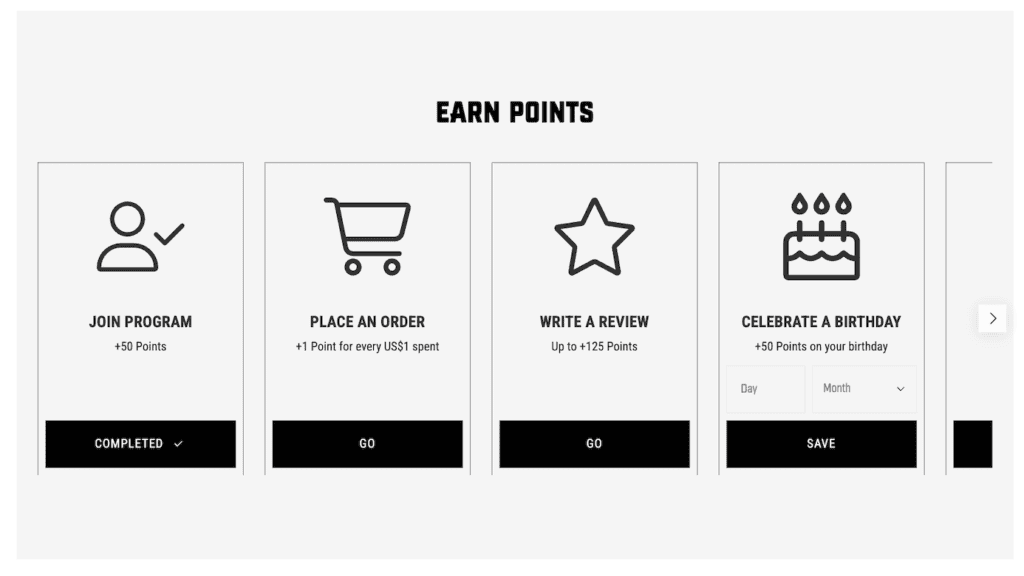 Hayabusa Rewards earn points options: join program 50 points, place an order, write a review up to 125 points, and birthday points