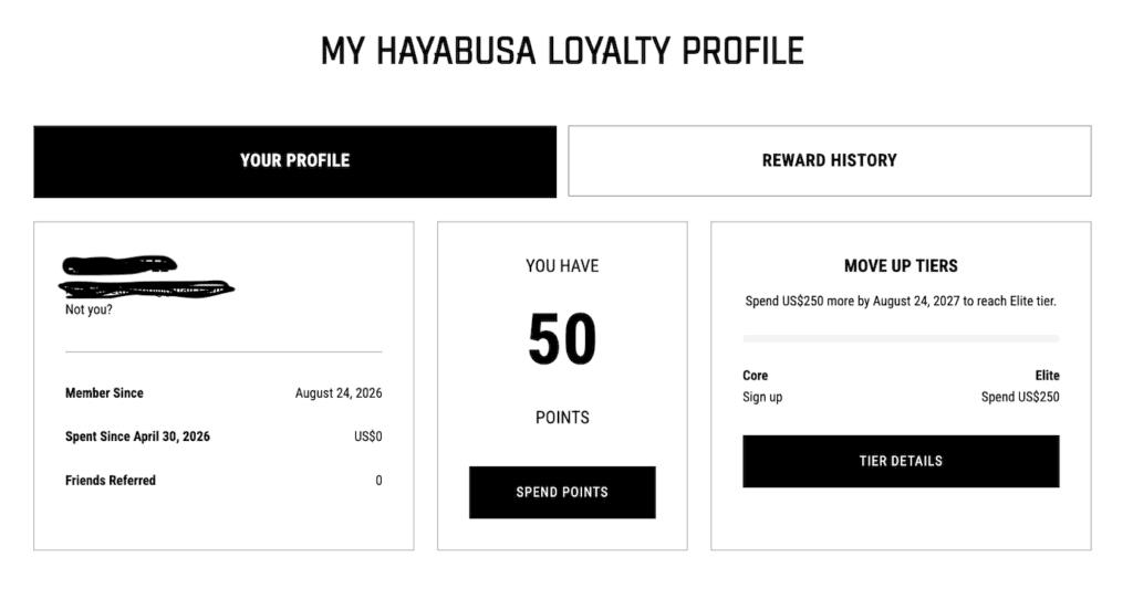 Hayabusa loyalty profile showing 50 points and a prompt to spend $250 more by August 24, 2027 to reach Elite tier