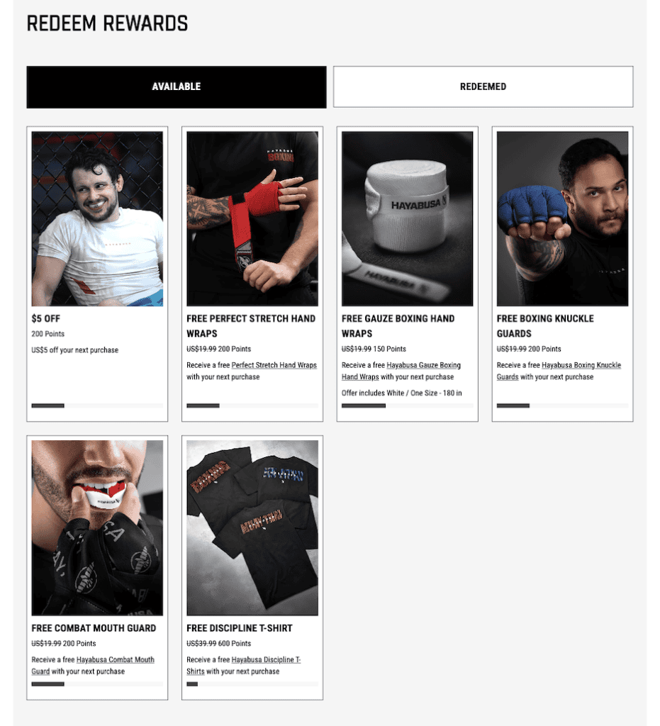 Hayabusa Rewards redemption page showing $5 off for 200 points next to hand wraps worth $19.99 for the same 200 points